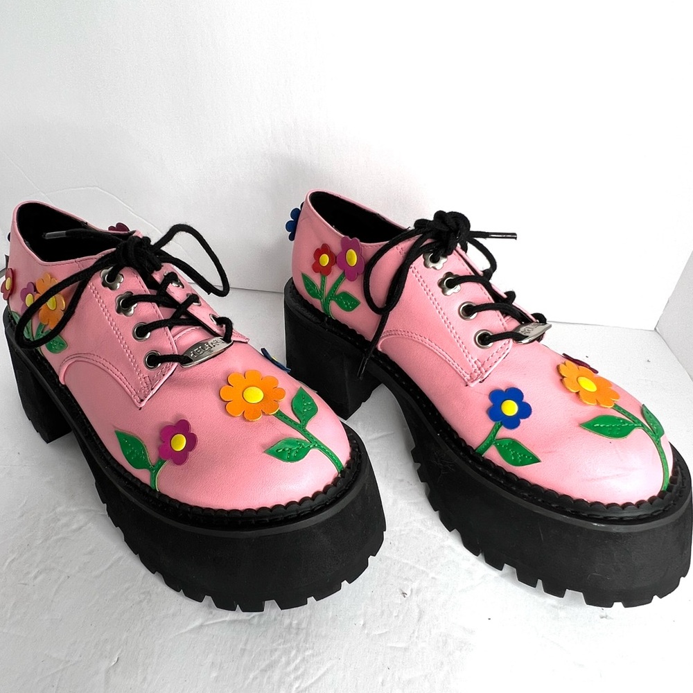 Delia’s Platform Shoes Pink Floral Flower Chunky Lace Up Size 5 Faux Leather - Picture 2 of 15